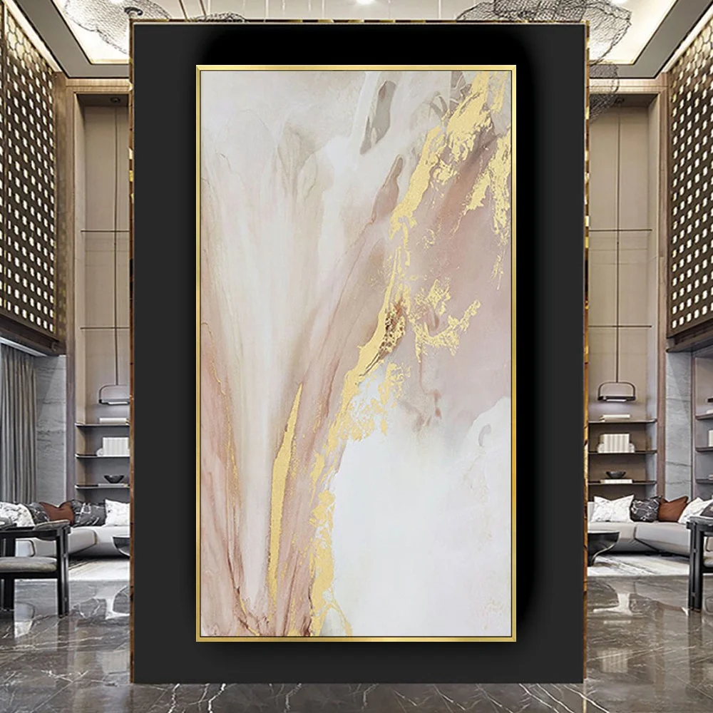 Large Wall Art Poster 100% Hand-Painted Abstract Oil Painting Modern Gold Foil And Pink Textured Salon Canvas Mural For Home