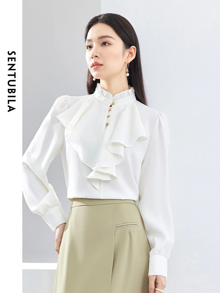 SENTUBILA Ruffles Chiffon White Shirts Women 2024 Spring Autumn Elegant Ruffled Collar Long Sleeve Tops Female Clothes 141V53022