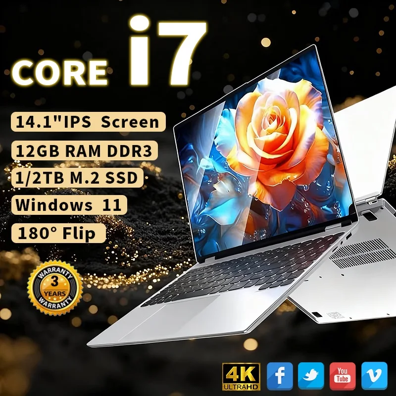 

Новинка 2025 года, ультратонкий ноутбук 14,1 дюйма, 12 ГБ ОЗУ, 1/2 ТБ SSD, Windows 11 Pro Core i7-7500U, ноутбук, HD-игры, офисный учебный компьютер