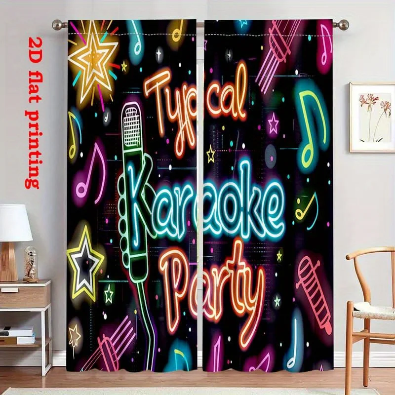 Neon Karaoke Party Curtain, Colorful Music Microphone Print Drape, Retro Disco Window Treatment for Living Room Bedroom Home