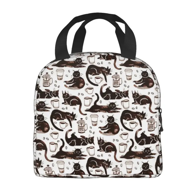 Black Cats Coffee Pattern Insulated Lunch Bag for Women Waterproof Cartoon Kitten Cooler Thermal Lunch Box Kids School Children