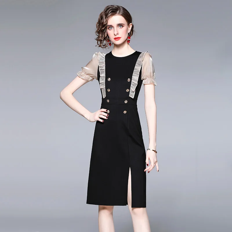 

2022 New Summer Fashion Runway Black Midi Dress Women's Splicing Puff Sleeve Beading High Waist Short Party Dress Vestidos