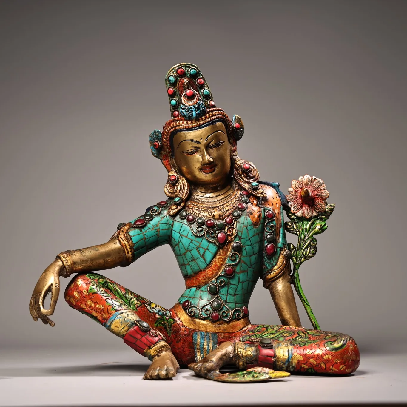 

11"Tibetan Temple Collection Old Bronze Painted Outline in gold Mosaic Gem Turquoise Free Green Tara Sitting Buddha Worship Hall