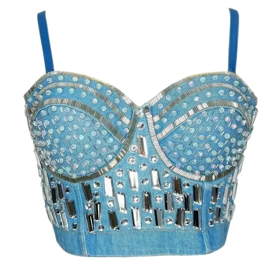 

Sexy Denim Rhinestone Corset Women Nightclub Party Rave Wear Lingerie Stage Performance Dance Costume Pole Dancer Outfit