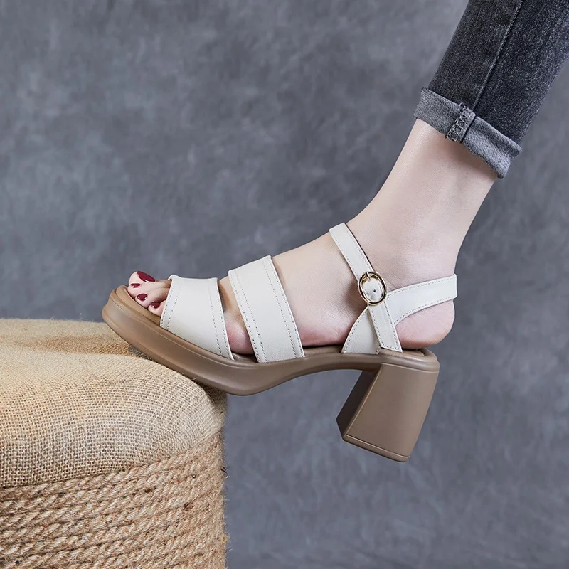 DRKANOL Women High Heel Sandals Summer Open Toe Shoes Genuine Leather Buckle Strap Thick Heel Platform Outside Casual Sandals