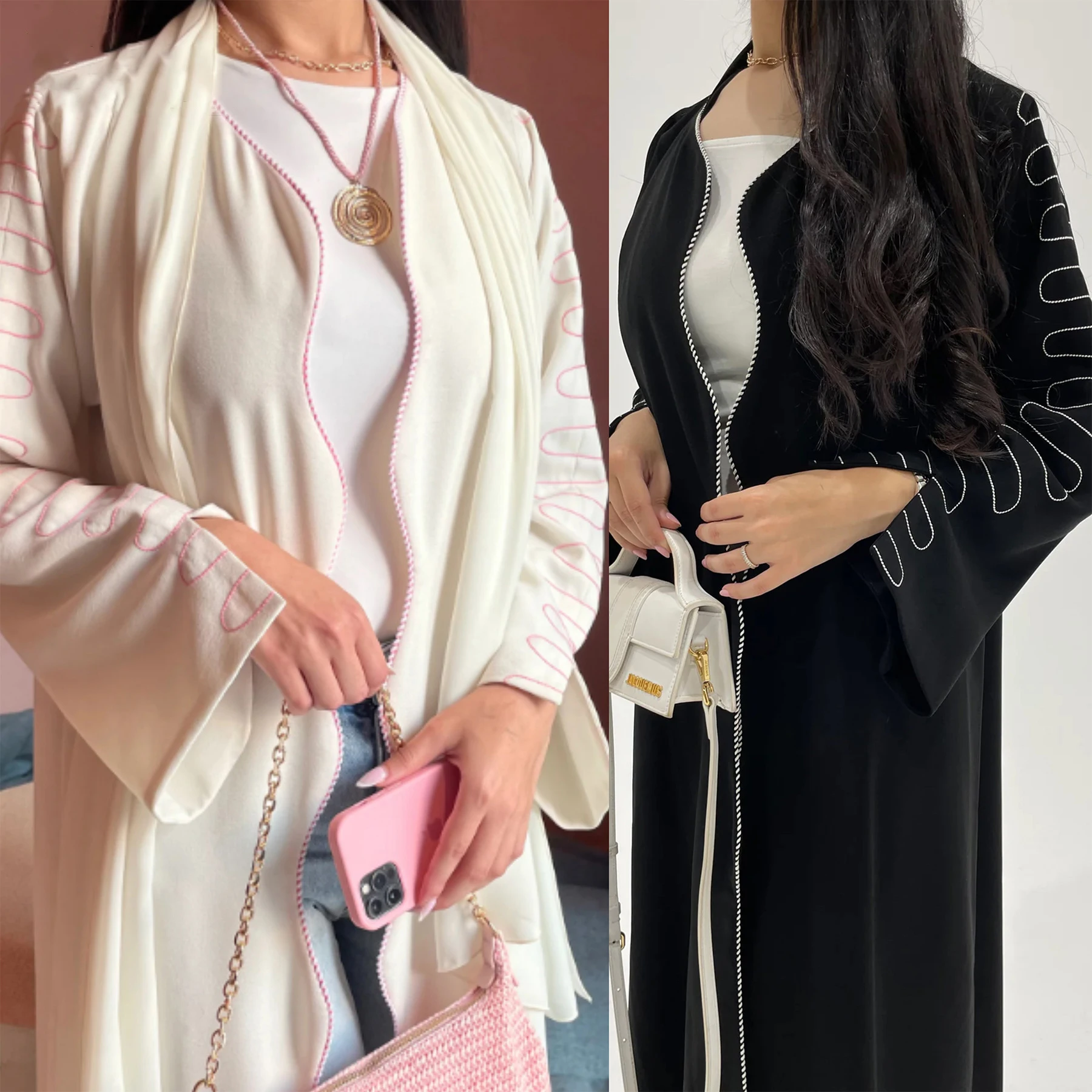 

New 2025 Women Long Cardigan Dress for Dubai Middle East Turkey Wavy Embroidered Nida Casual Women Open Abaya Wavy Edge