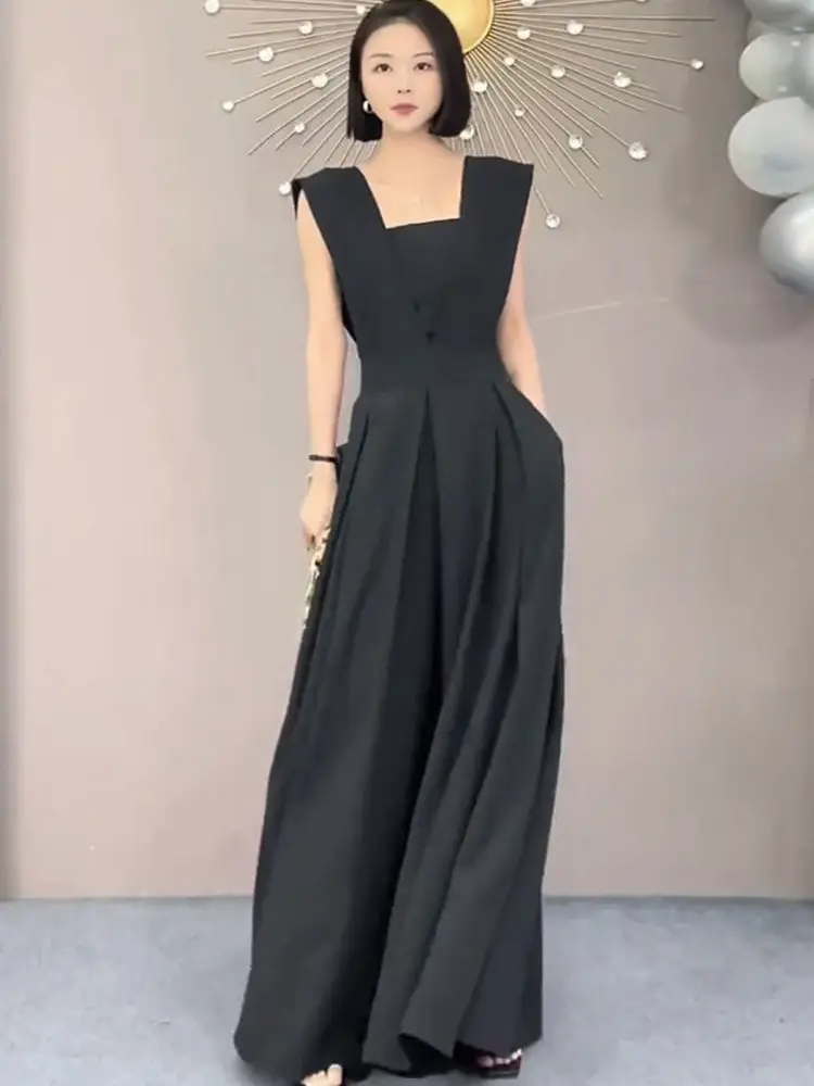 SuperAen 2022 Summer Black Suit Women\'s Summer Thin Fashion V-neck Sleeveless Waist Solid Wide Leg Jumpsuit