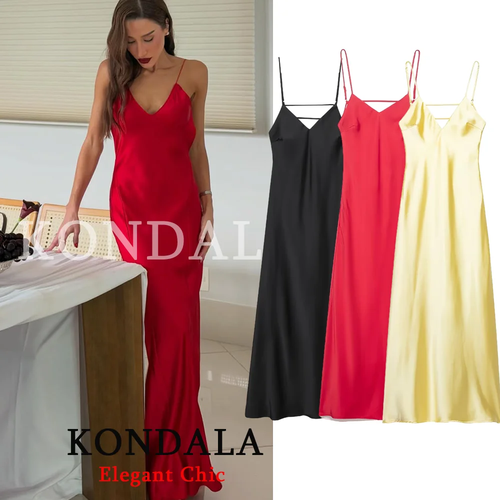 Kondala senhora na moda sexy cetim cami vestido sem costas magro vestido longo 2026 primavera verão férias jantar festa senhora suspender vestido