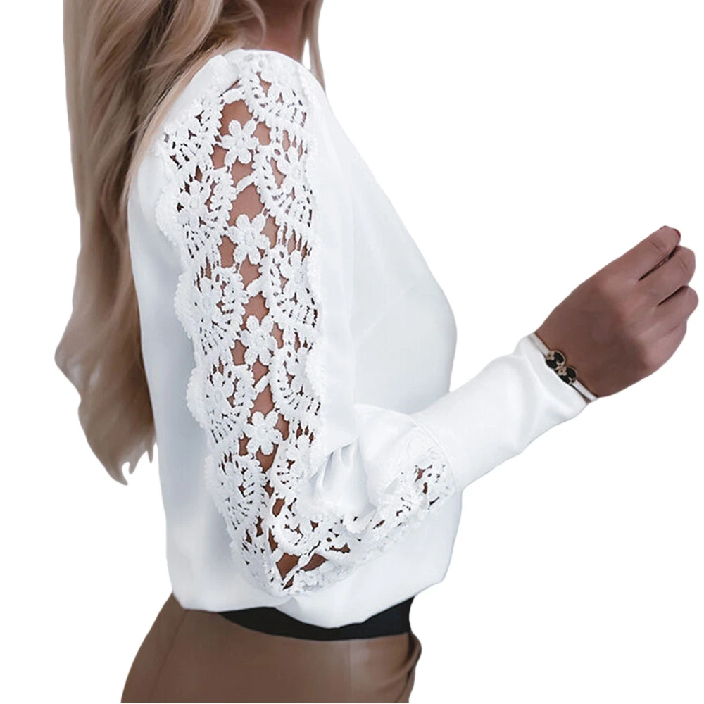 

Fashion Hollow Lace Patchwork Women Blouse V-Neck Long Sleeve Shirt Top White Lace Casual Regular Tops S-XXL