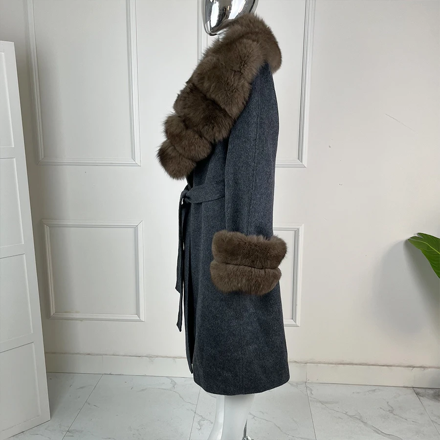 Mantel aus Wollmischung, echte Fuchspelzjacke mit Gürtel, langer Kaschmir-Wollmantel, luxuriöse Woll-Trenchcoats