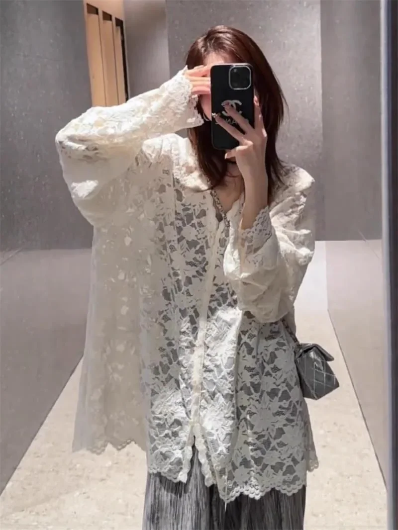 Renda guarnição com decote em v camisa de manga longa feminina primavera temporada midi comprimento interior usar camiseta camadas topo oco para fora lindo gancho d