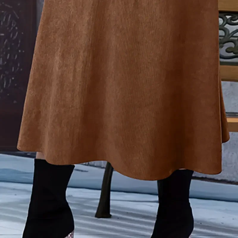 Faldas Y.KUKU de talla grande para mujer, faldas por debajo de la rodilla de pana, corte en A, Vintage, marrón, cintura alta, faldas largas cálidas para invierno para mujer 2024