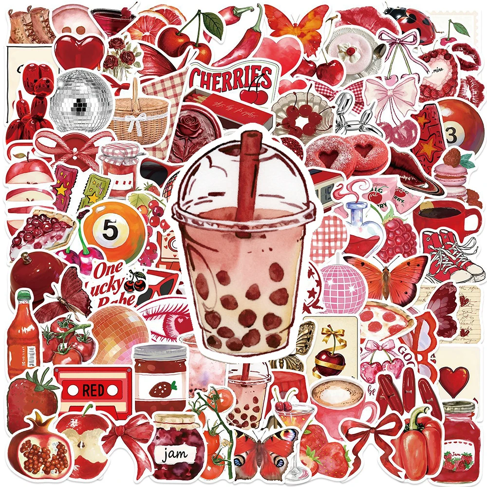 

10/30/50/100pcs INS Style Cherry Red Aesthetic Graffiti Stickers Cute Downtown Y2K Decoration Sticker Cartoon Decoration Sticker
