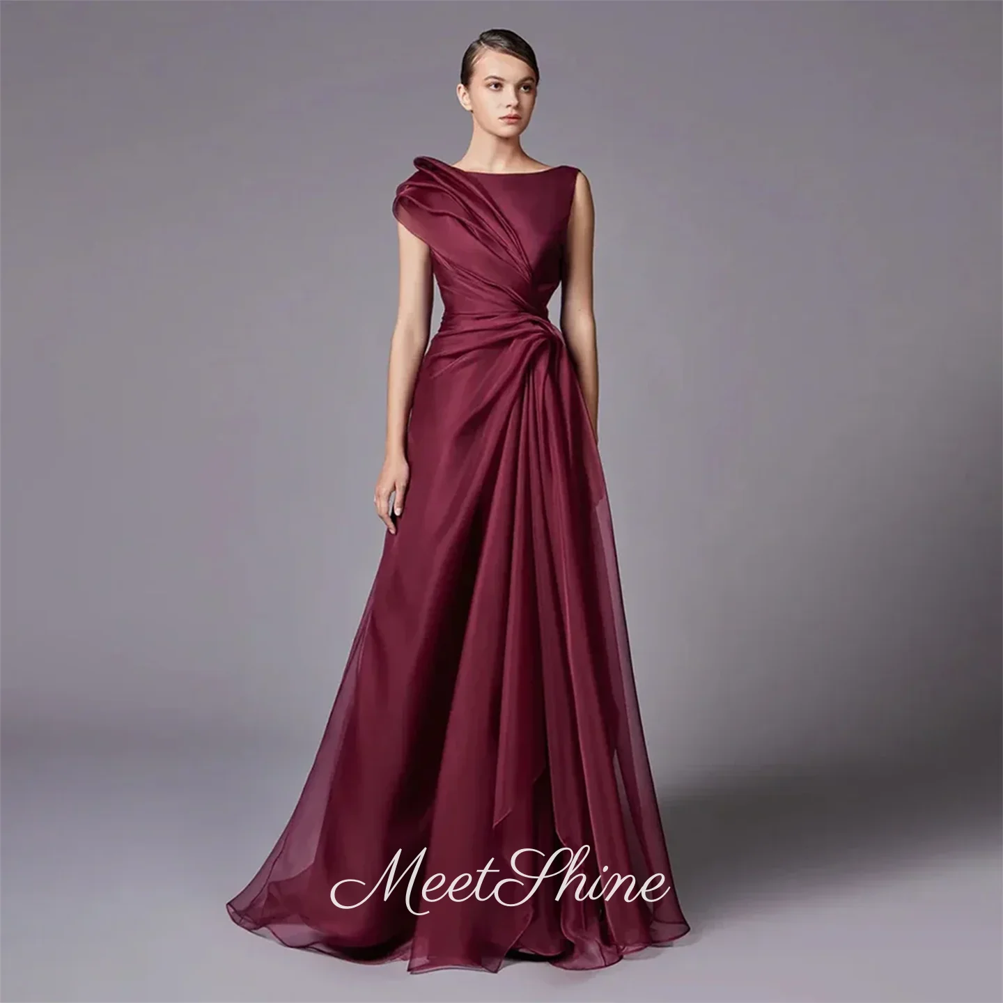 

Элегантное бордовое шифоновое вечернее платье трапециевидной формы высокого качества со шлейфом и вырезом лодочкой, плиссированное вечернее свадебное платье для выпускного вечера по индивидуальному заказу