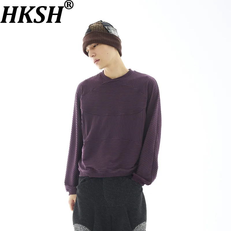HKSH Spring Autumn New Men Tide Chic Ins  T-shirt Patchwork Deconstructed Cut Texture Knitted Neckline Long Sleeved Tees HK27856