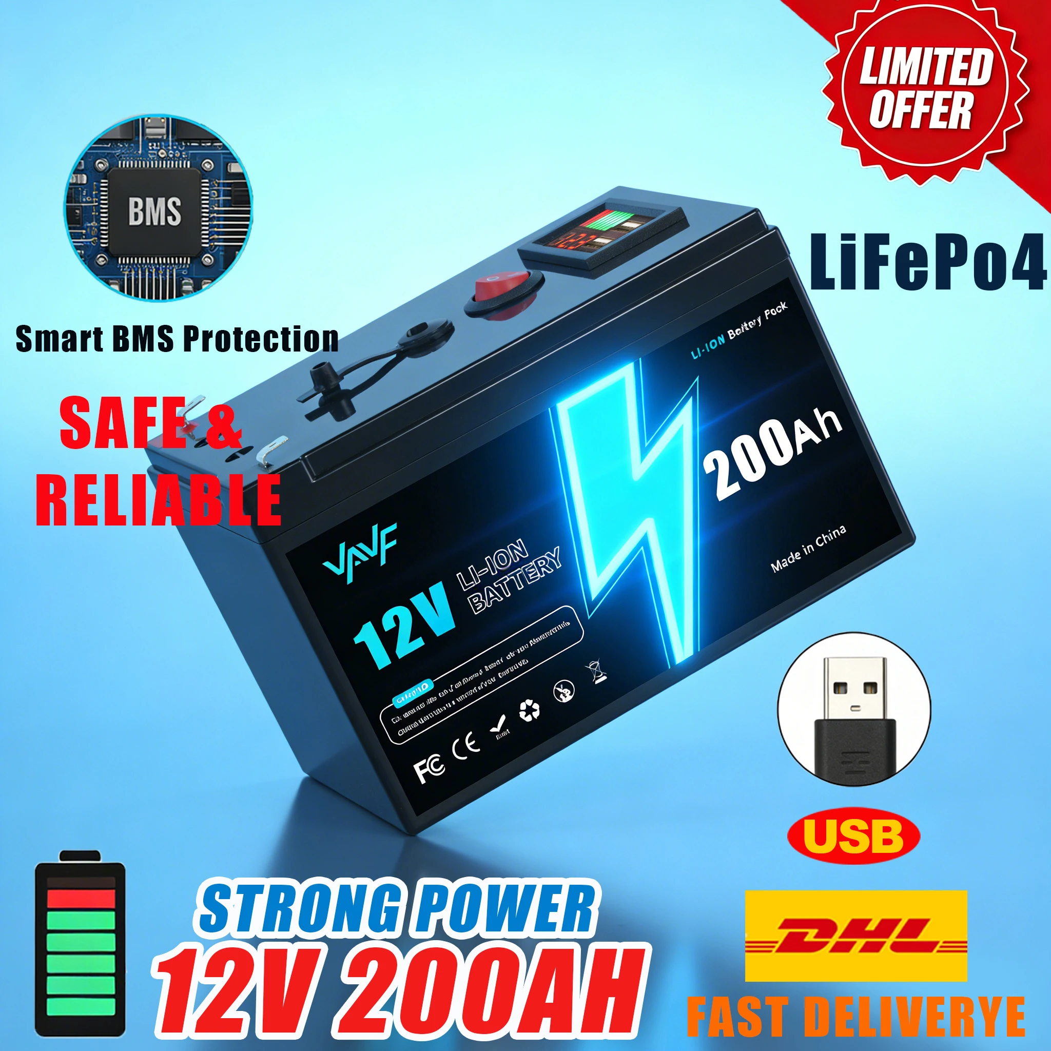 

Solar Battery 12V️200AH Lithium LiFePO4 Battery with Smart BMS for Solar Energy Storage️Recreational Vehicles,and Marine Use