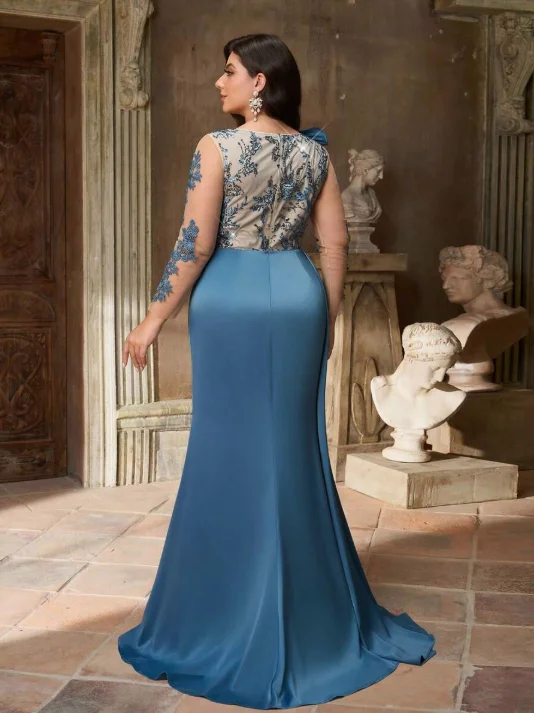 Elegant Blue Bride Mother Dress 2025 Wedding Long Sleeve Side Split Trailing Beaded Ruffled Decoration Mum Gown Customized