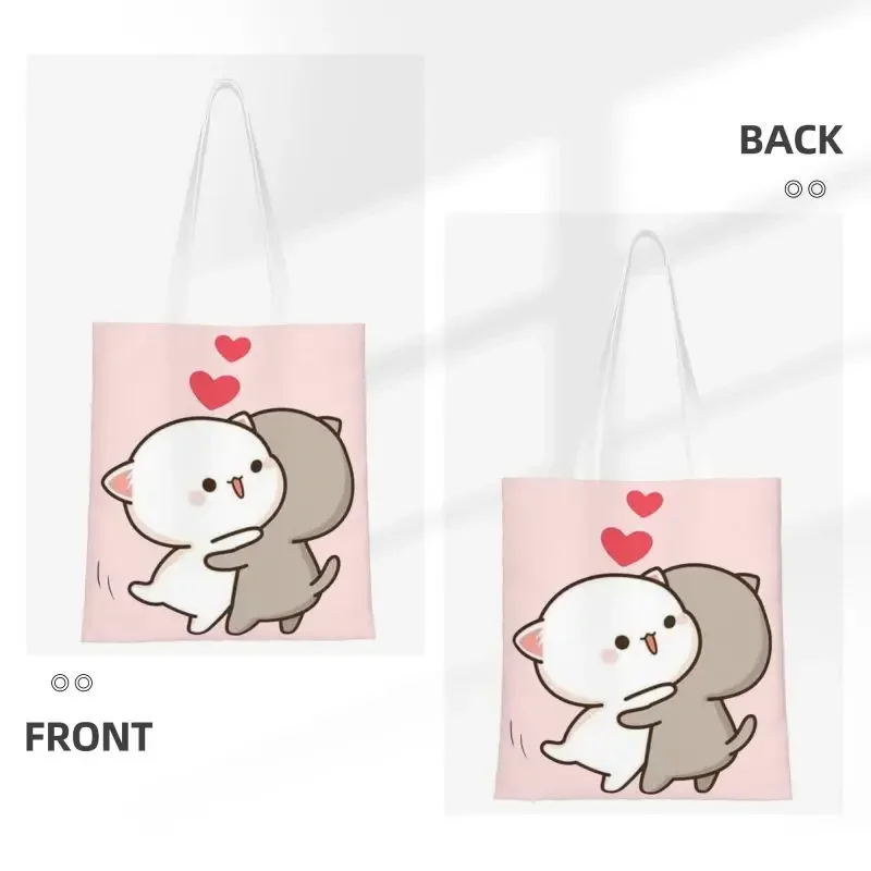 Kawaii Print Cute Mochi Peach Cat And Goma Love Tote Shopping Bag Portable Canvas Shopper Shoulder Handbag