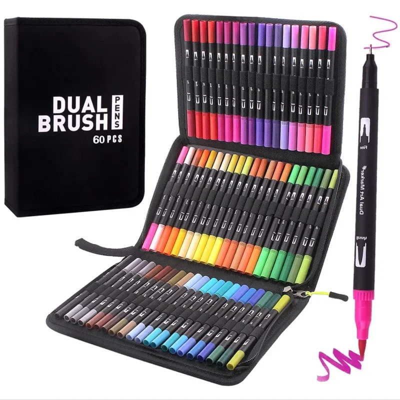 Haste Dupla-cabeça à Base de Água Marcador Conjunto Macio-headed Cor Aguarela Caneta Arte Estudantes Pintura Colorir Presente 120 Cores Preto