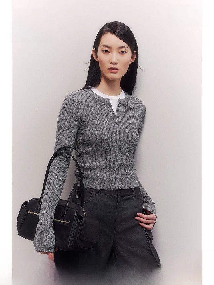 

H&M Women's Knitted Sweater round Ne Casual Top with Zipper Ribbing Spring Faion Polyester Viscose Blend Long Sve