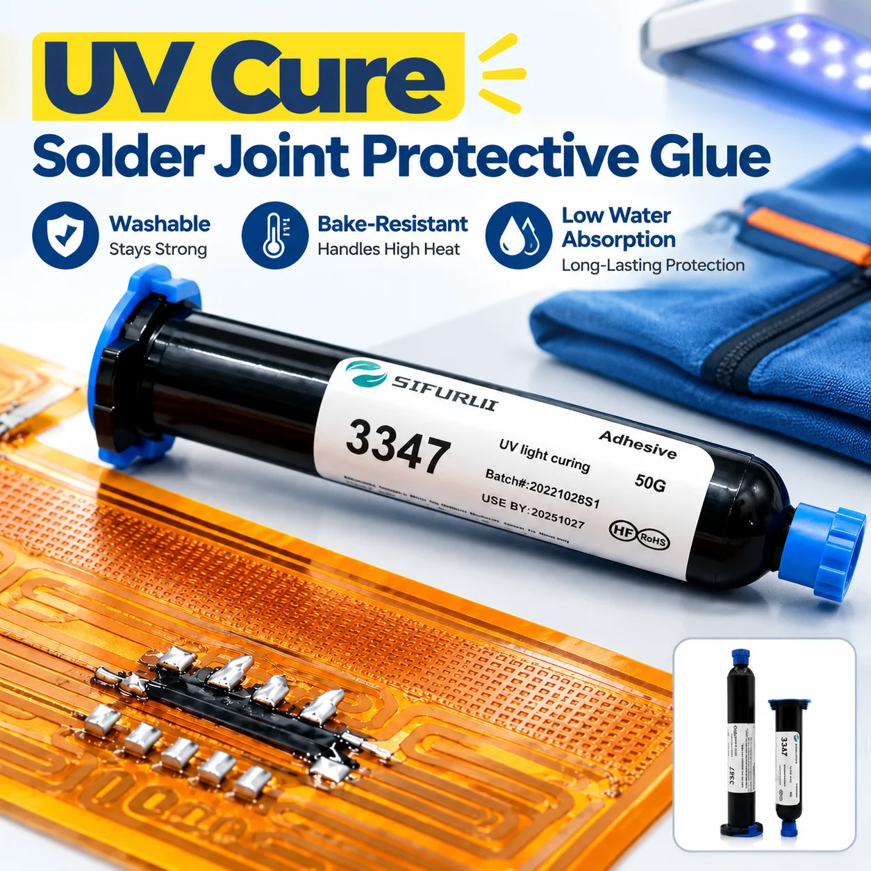 UV Cure Solder Joint Protective Glue for Heating Garment, Washable Bake-Resistant Low Water Absorption PI Film Solder Pad