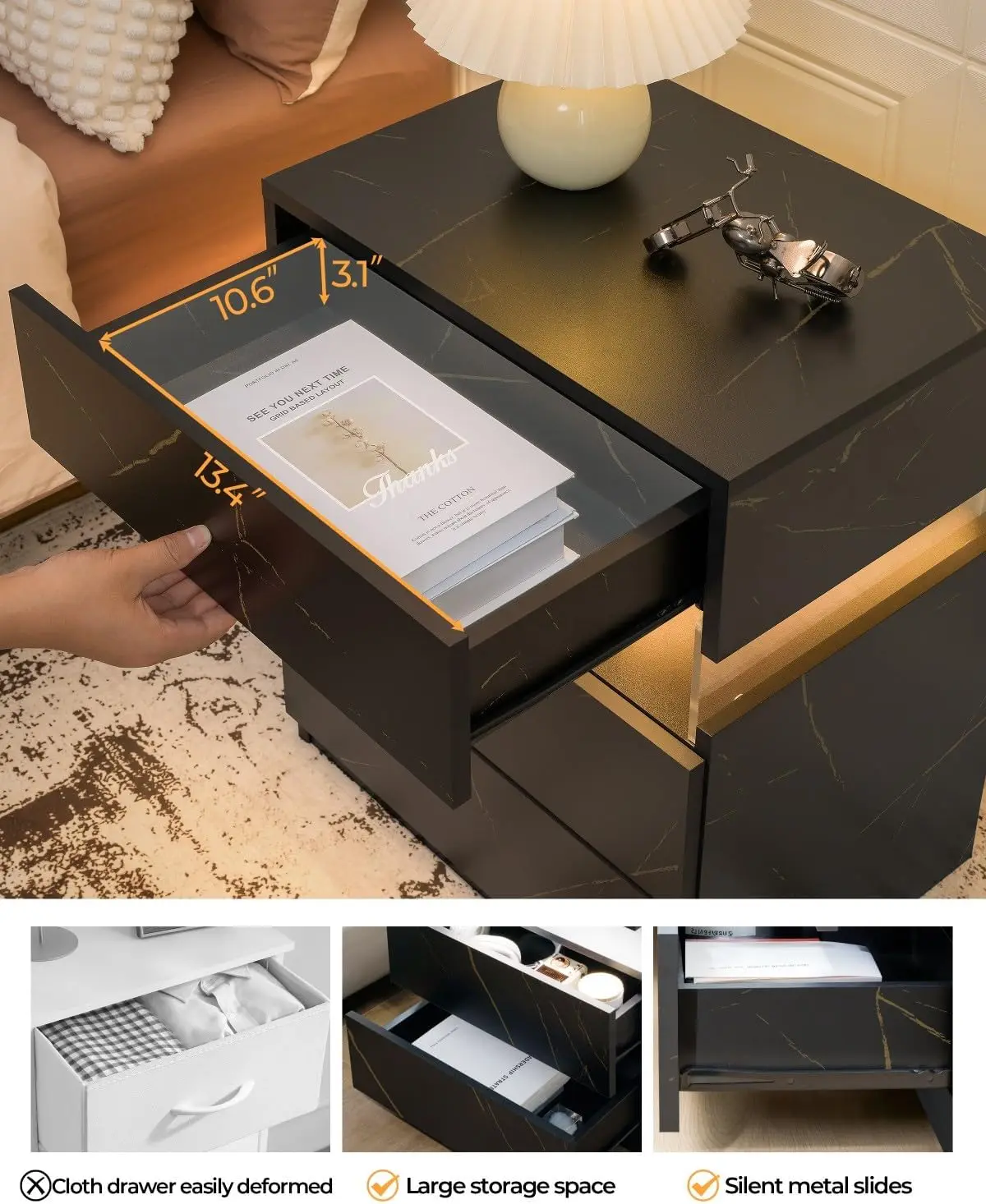 مجموعة منضدة LED مكونة من 2 قطعة مع 3 أدراج وطاولات بجانب السرير من الأكريليك الحديث لغرفة النوم