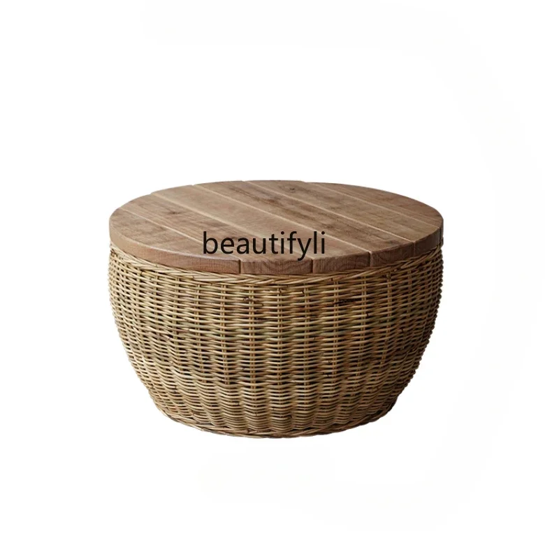 

Nordic round rattan coffee table combination household living room side few solid wood small round table