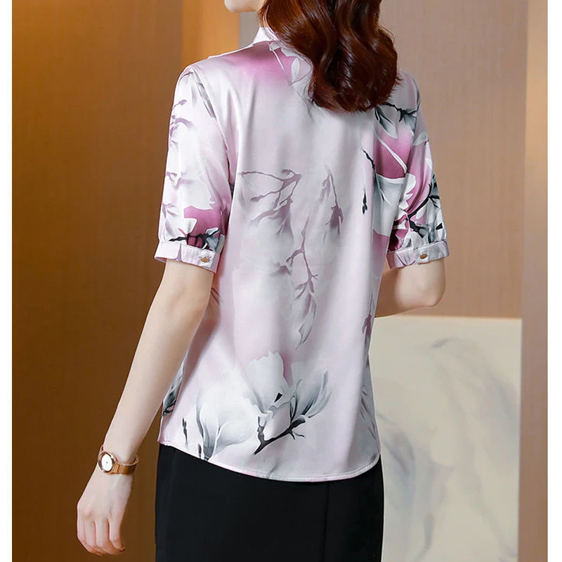 Women Vintage Floral Print Ice Silk Elegant Blouse 2023 Summer Fashion V-Neck Short Sleeve Office Lady Casual Shirt Blusas Mujer