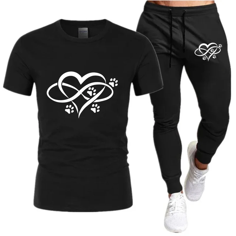 

Мужская футболка с принтом собачья лапа и сердце, модная повседневная футболка, костюмы, футболки с коротким рукавом и спортивные брюки, мужская летняя одежда