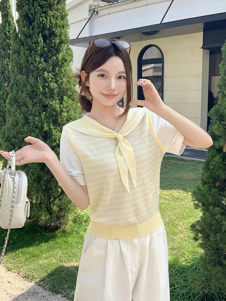 Camiseta de Manga Corta con Cuello Marinero y Rayas, Estilo Preppy, Diseño Nuevo de Verano para Mujer, Top Moderno con Efecto de Dos Piezas