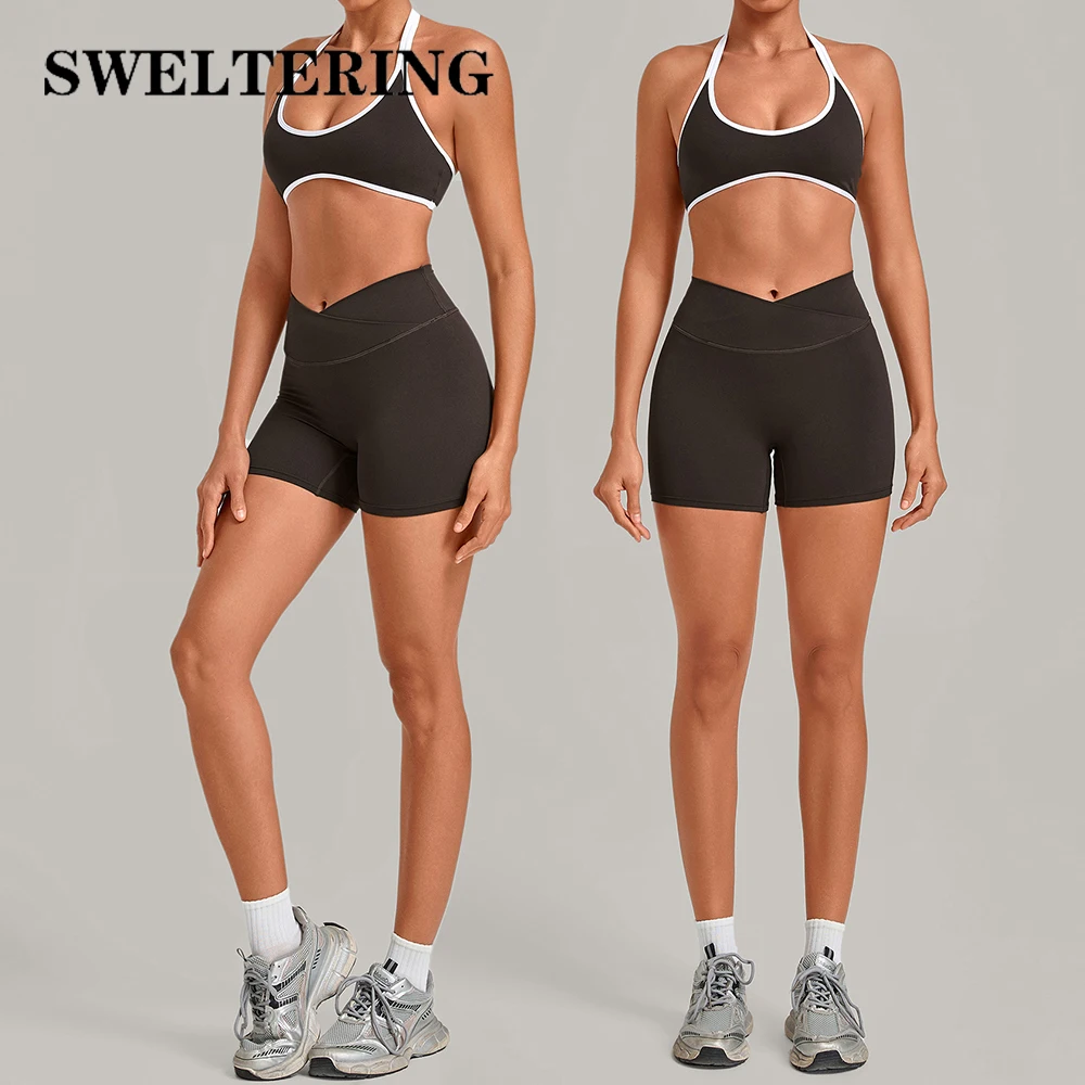 2‑Piece Yoga Set Women's Tracksuits Halter Sports Underwear Suit High Waist Scrunch Hip Lift Shorts Female Pilates Sportswear