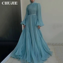 Customizable Prom Dress Long Sleeves High Neck Ruched Woman Evening Dresses Saudi Arab Dubai  A Line Pleat Formal Evening Gown