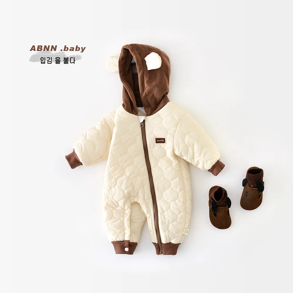 Autumn Winter Korean Baby Boy Rompers Cotton Quilted Hooded Bear Ears Zipper Thickened Infant Boys Bodysuit Newborn Boy Jumpsuit