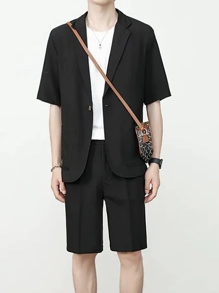 Conjunto de Traje de Manga Corta y Pantalones Cortos Slim Fit para Hombre, Chaqueta de Manga Tres Cuartos y Pantalones de Cin...