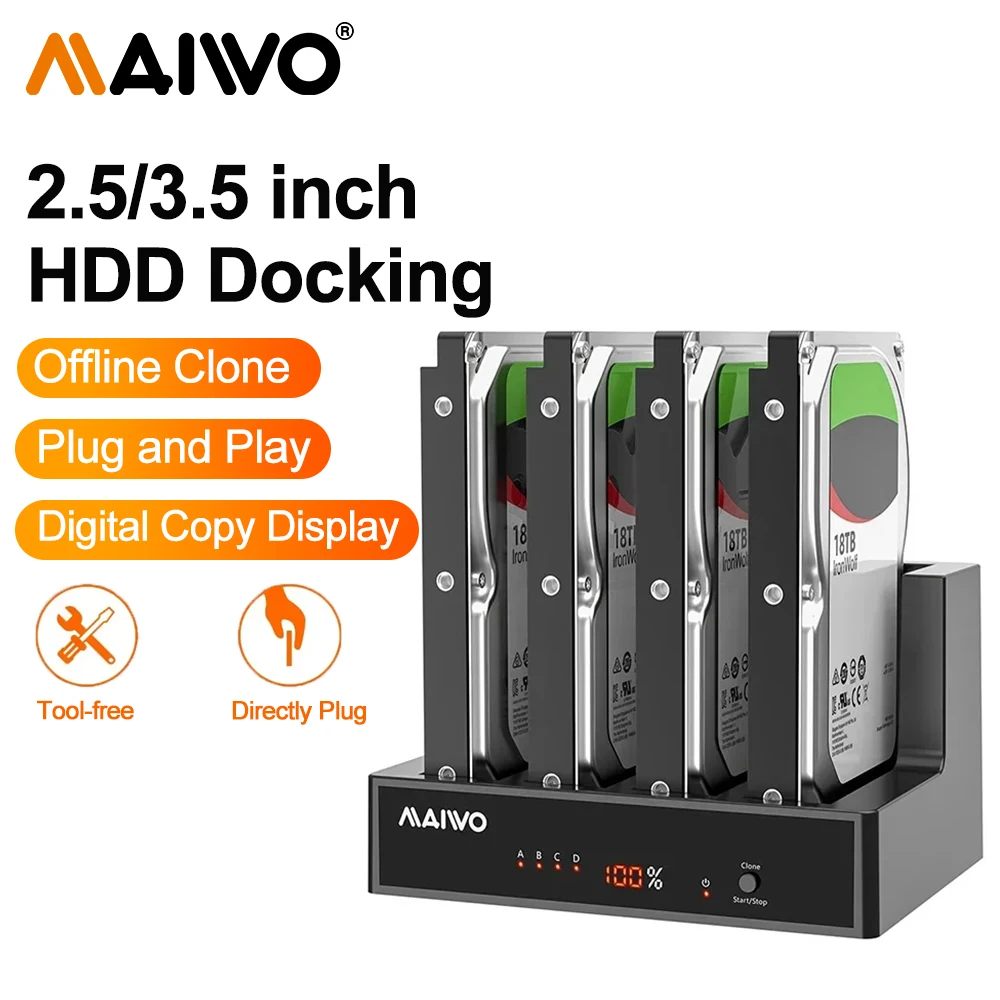 

MAIWO 4 Bay Hard Drive Duplicator Dock for 2.5" & 3.5" SATA SSD HDD Offline Cloner with Indicator Light 80TB Storage Expansion