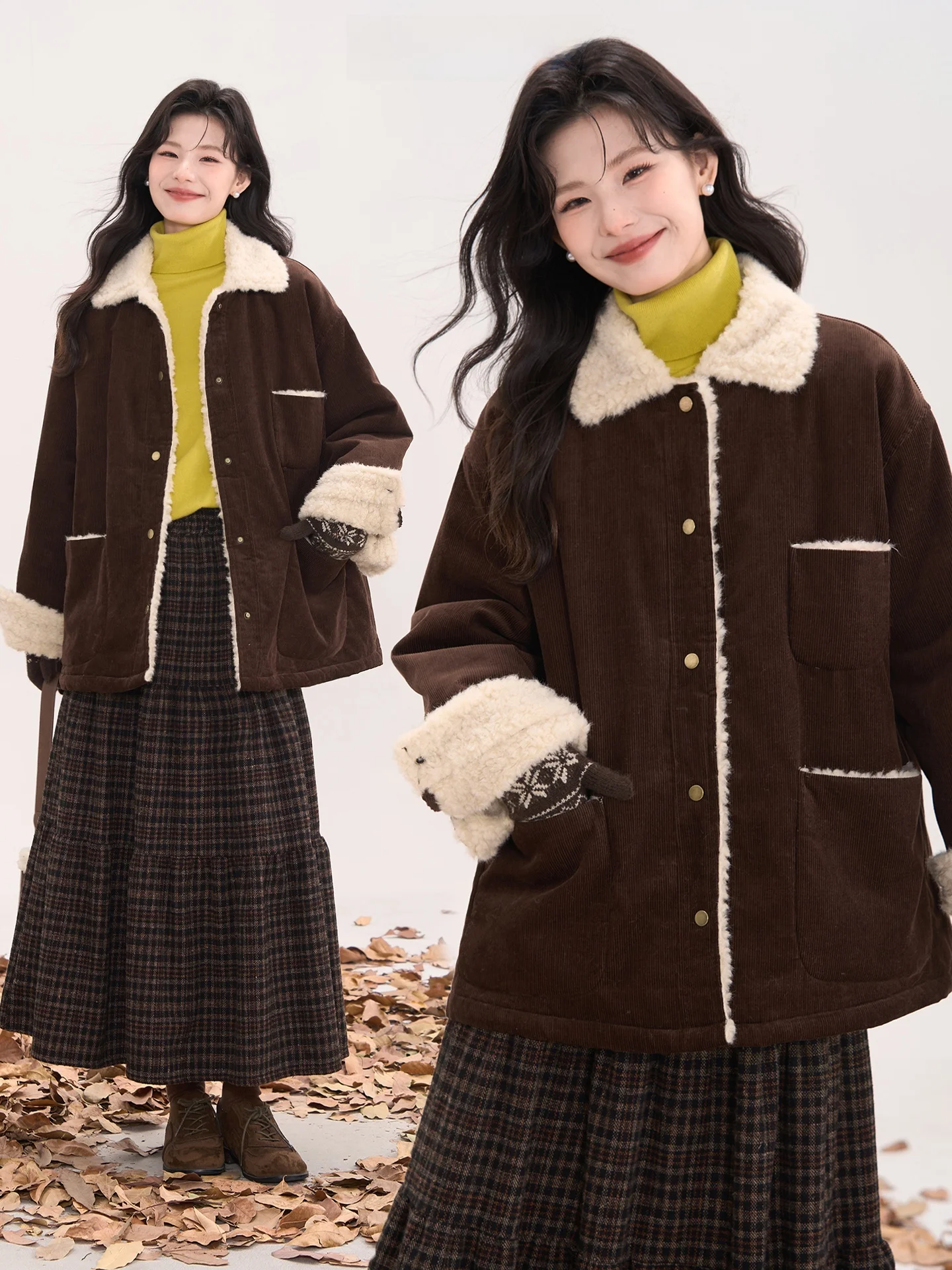 

Женское зимнее теплое пальто Heme Pure Love Frequency в стиле ретро, утолщенное, из длинного вельвета, пушистое, корейский стиль, повседневное