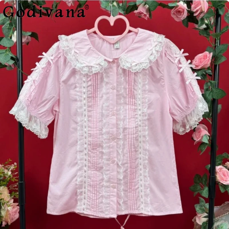 

Spring Summer Elegant Girl Sweet Lolita Short Sleeve Peter Pan Collar Shirt Fashion Versatile Age-reducing Lace Bottoming Shirts