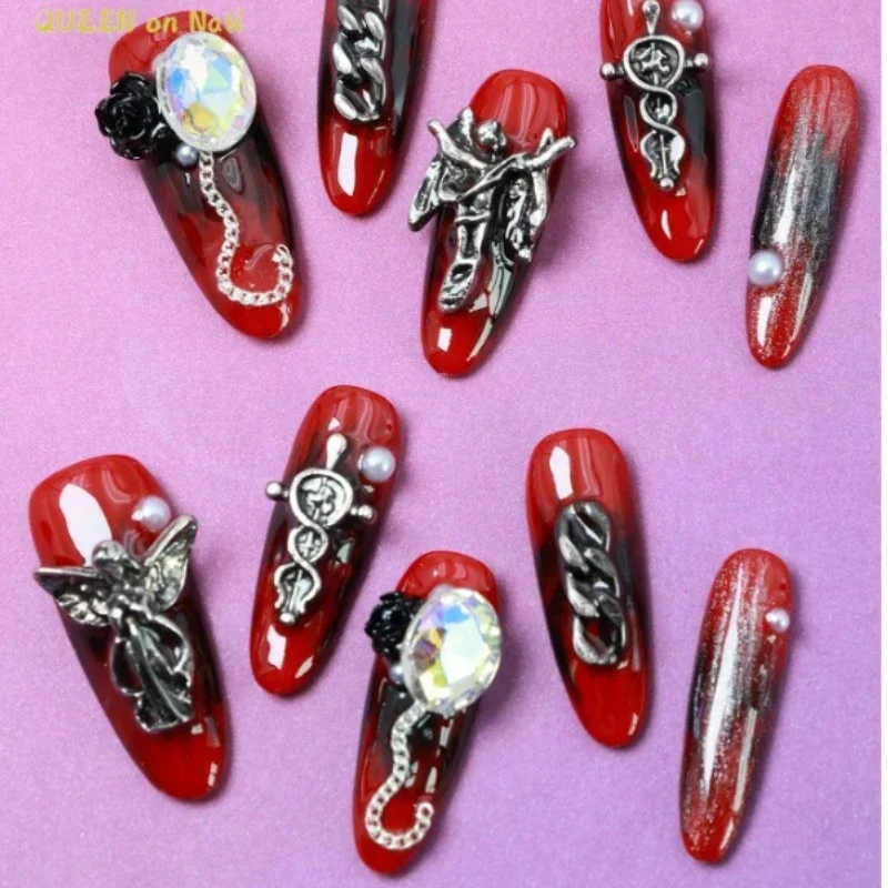 

10pcs Press on Nails Halloween Fun Skull Pure Handmade Fake Nail Dark Flash Diamond Medium Short Fully Covered Detachable finger