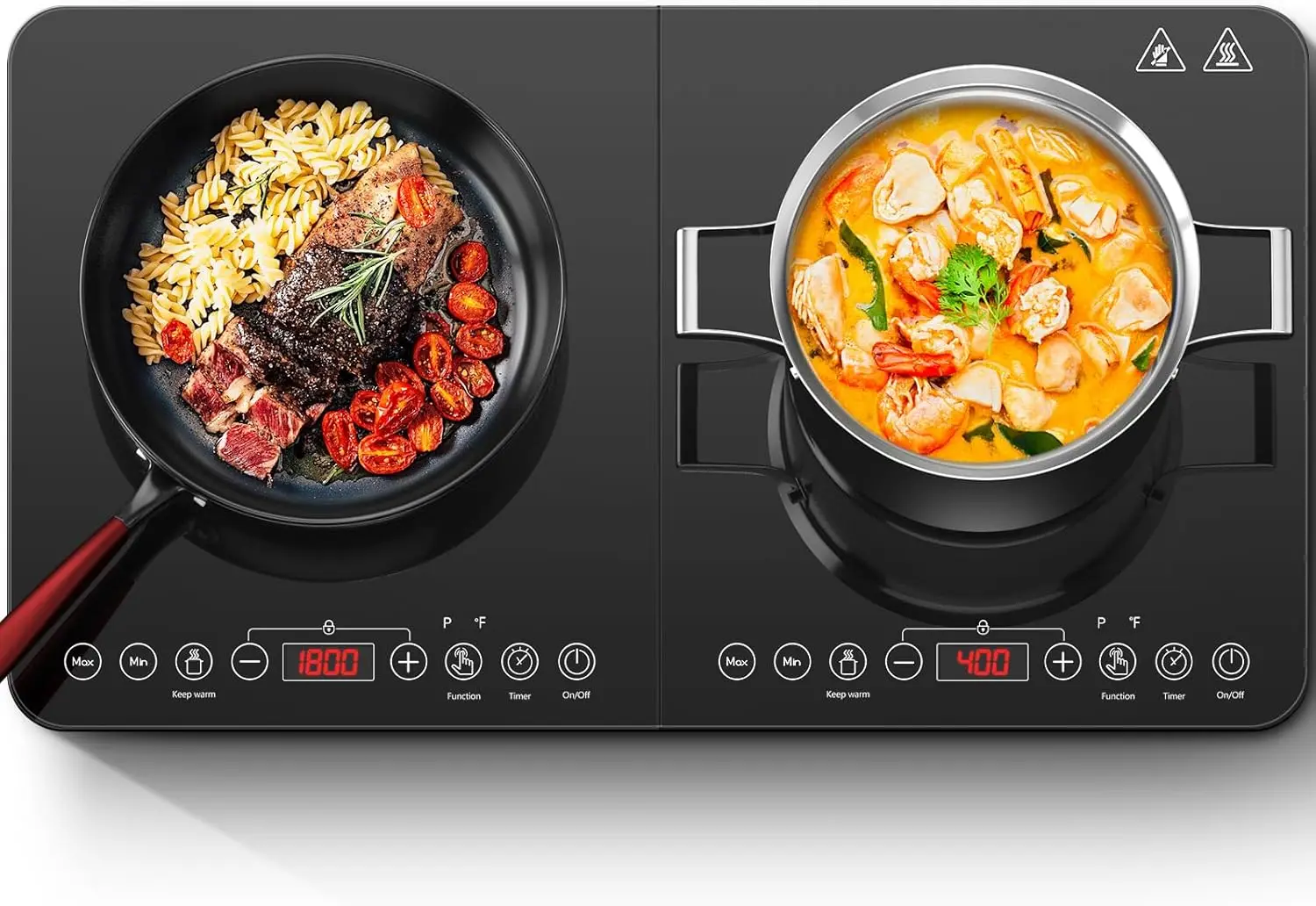 

Portable Double Induction Cooktop with Independent Control, 10 Temperature Settings, 1800W, 4-Hour Timer, Safety Lock
