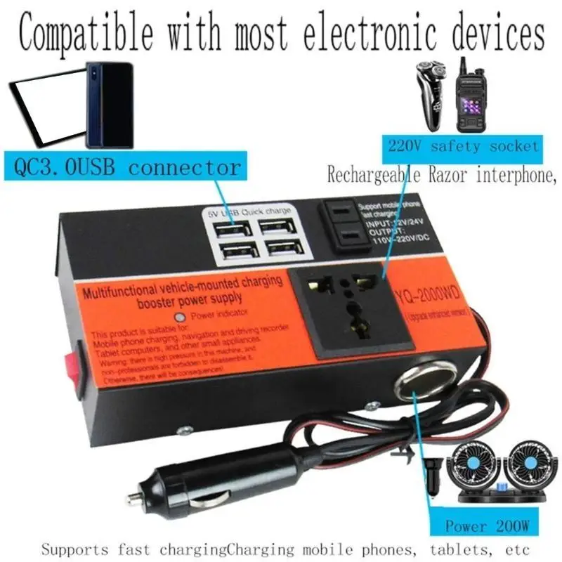 31BC High Efficiency Vehicle Car Inverter Safe and Stable 12V To 110V / 24V To 220V, 1500W Power Adapter With 4 Charging Port