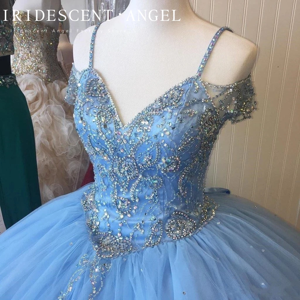 Vestido de baile azul claro iridiscente, quinceañera, escote Corazón, 15 años, fiesta de cumpleaños, cuentas, tirantes finos, cordones