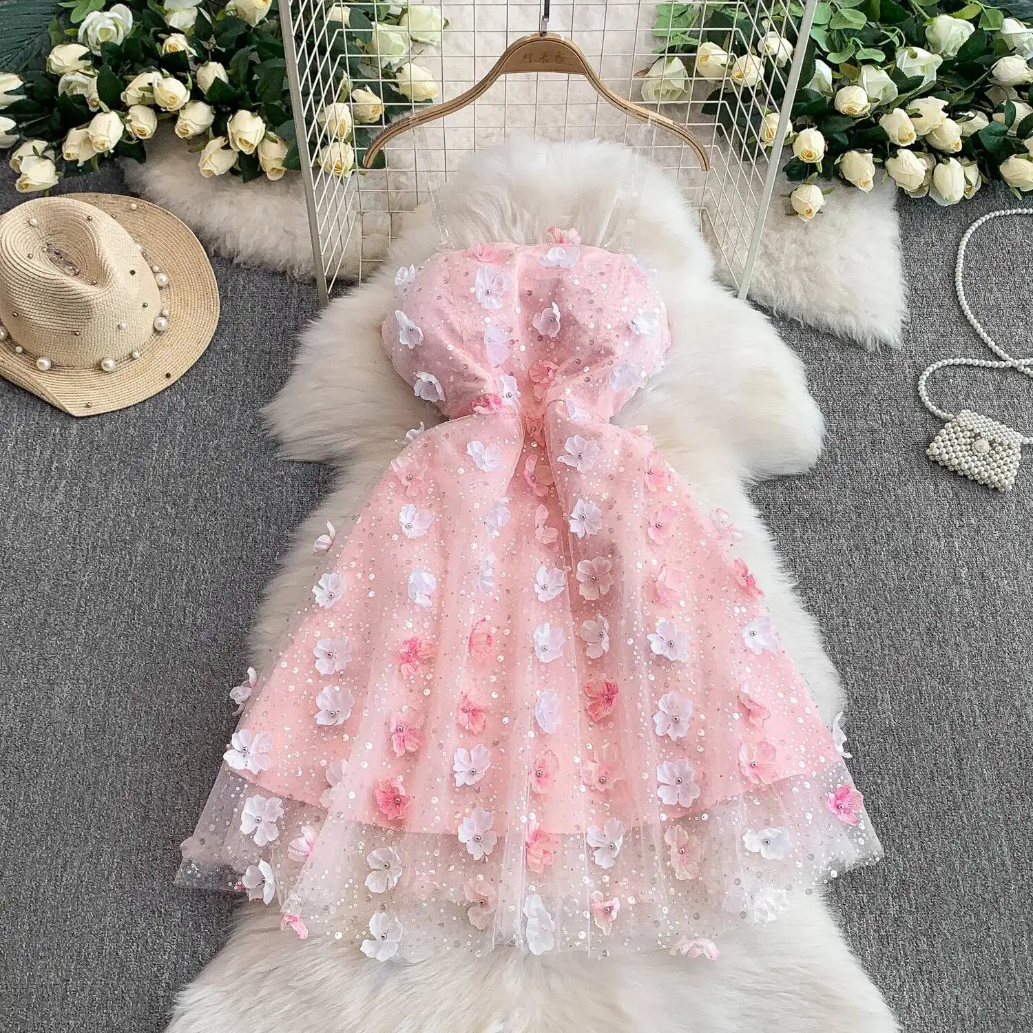 

Элегантное винтажное трехмерное сетчатое тонкое трапециевидное французское вечернее женское пляжное длинное платье, уличная одежда, платья