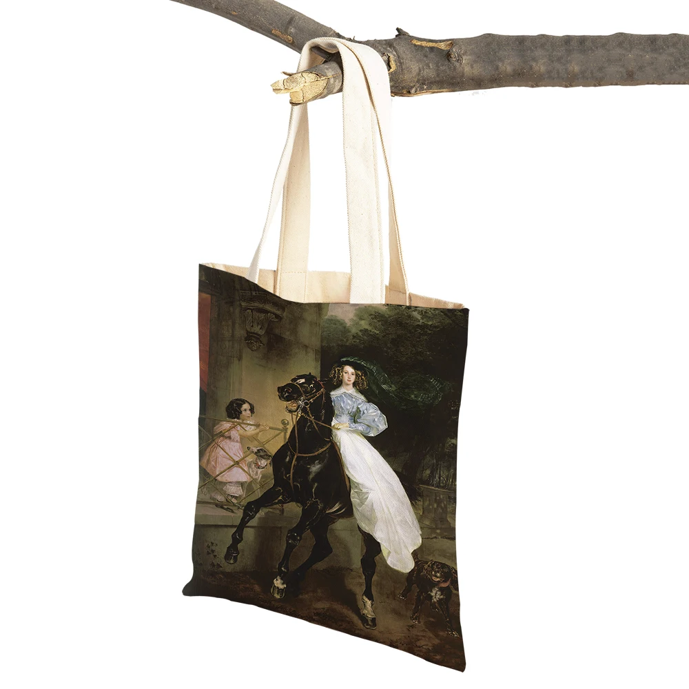 Retro Middle Oil Painting Woman Shopping Bags Vintage European Lady Tote Reusable Canvas Shopper Bag Girl Supermarket Handbag