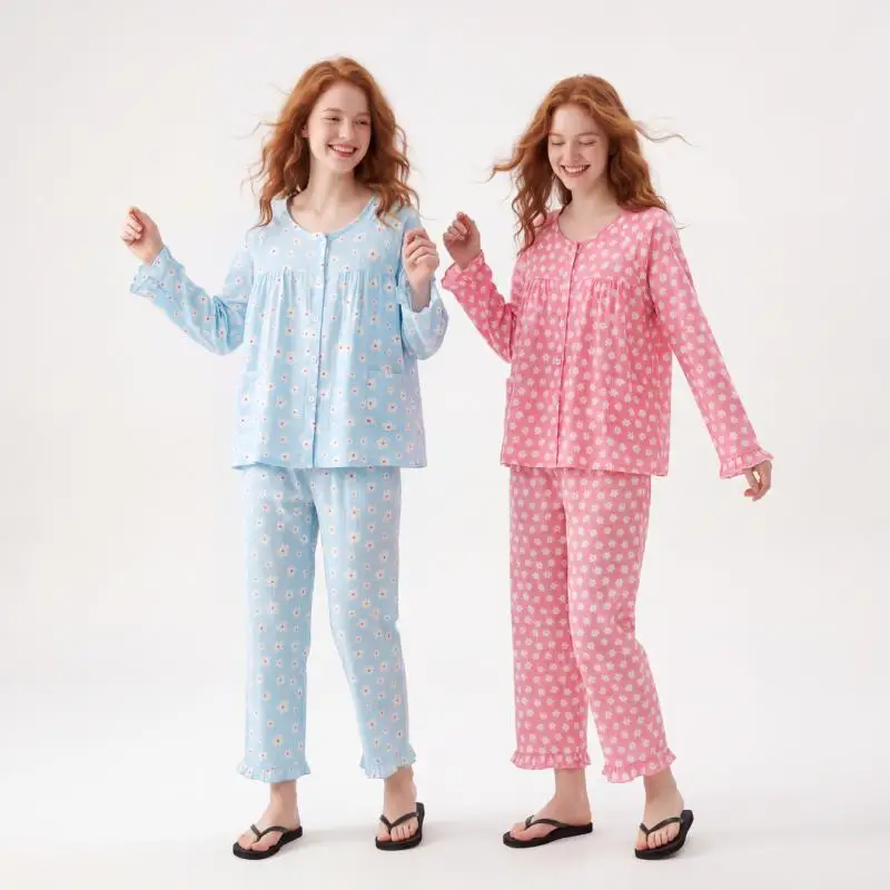 Women Cute 100% Cotton Pajamas Set Chemise Pink Print Floral 2 Pcs Homewear Crew Neck Shirt&pants Sleepwear Soft Comfy Loungewea