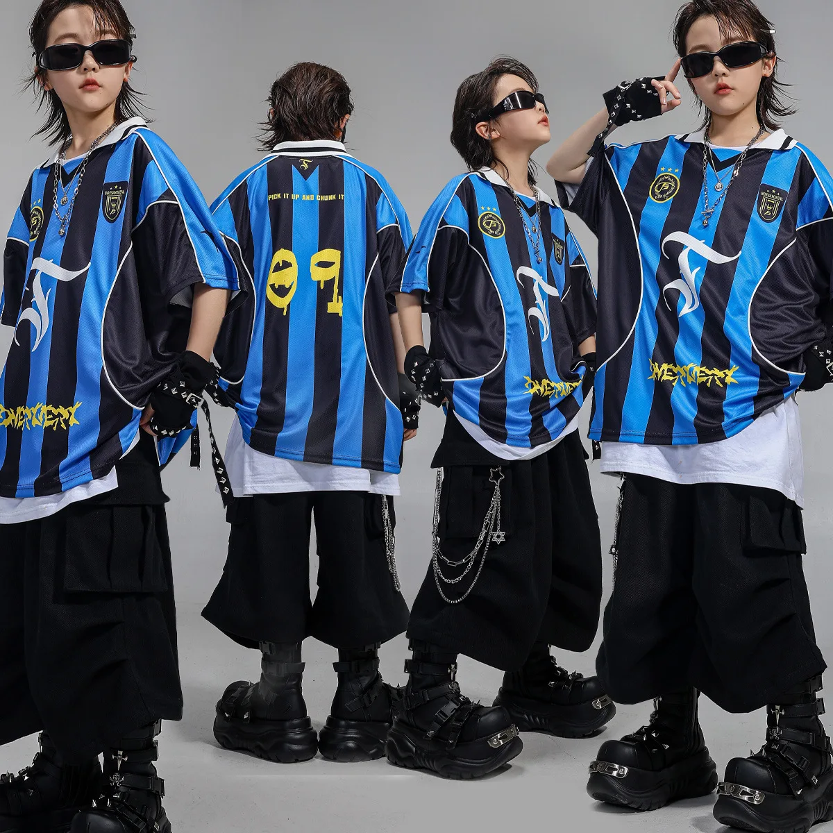 

Kid Kpop Hip Hop Clothing Blue Striped Lapel Neck T Shirt Black Casual Cargo Shorts for Girl Boy Jazz Dance Wear Costume Clothes
