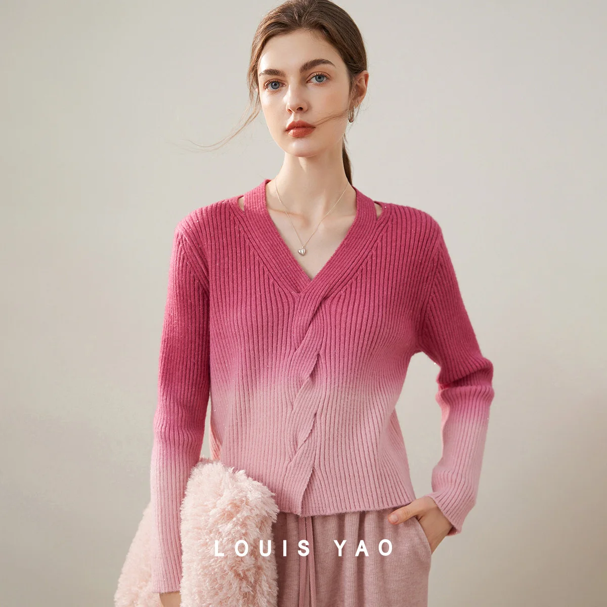 LOUISYAO Gradient Cable Knit Sweater Women 2025 Winter V-Neck Lace Up Long Sleeve Knitted Pullover Casual Tops