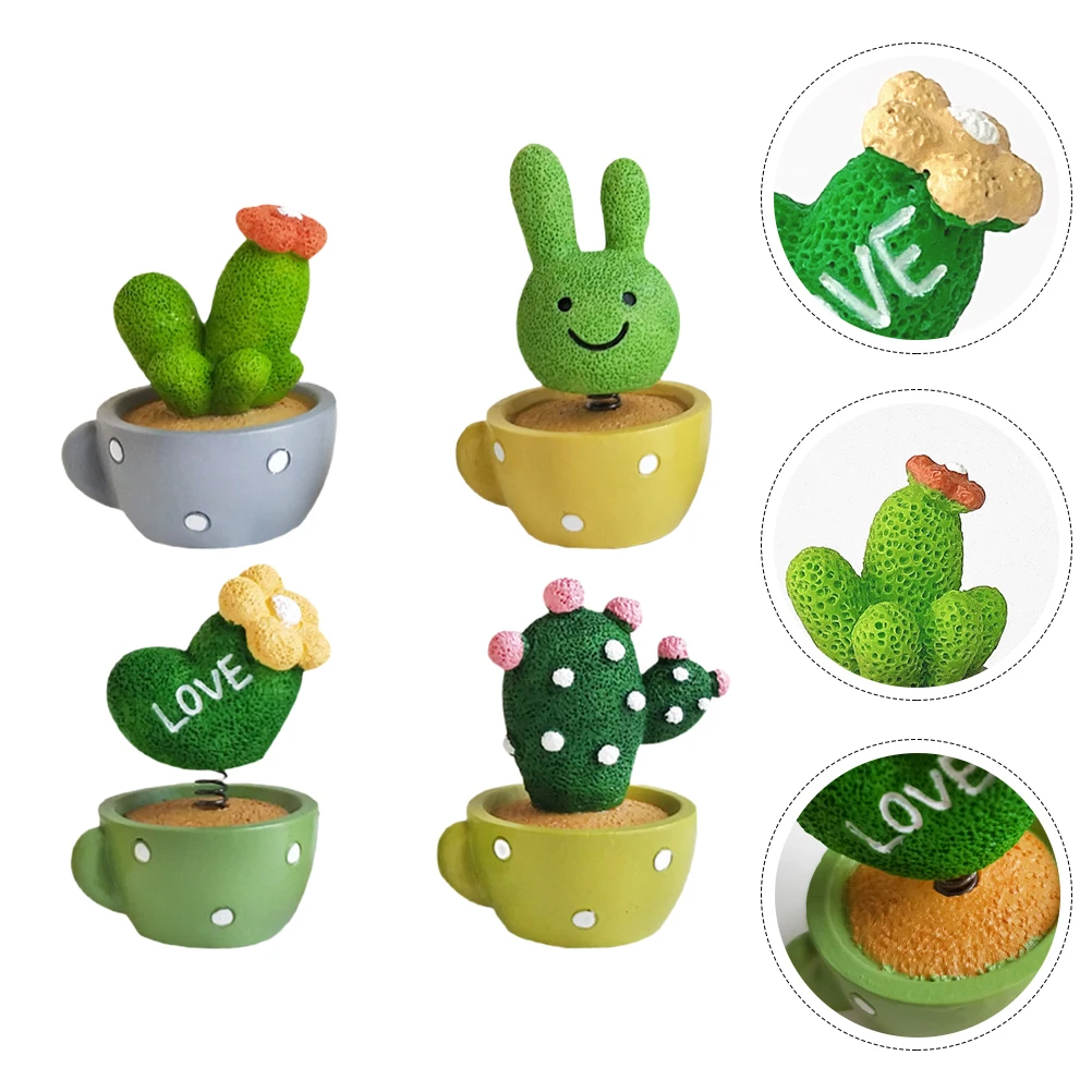 

4pcs Spring Cactus Car Decoration Cartoon Bonsai Adornment Resin Cake Potted Plants Decor Household Baking Ornament Living Room