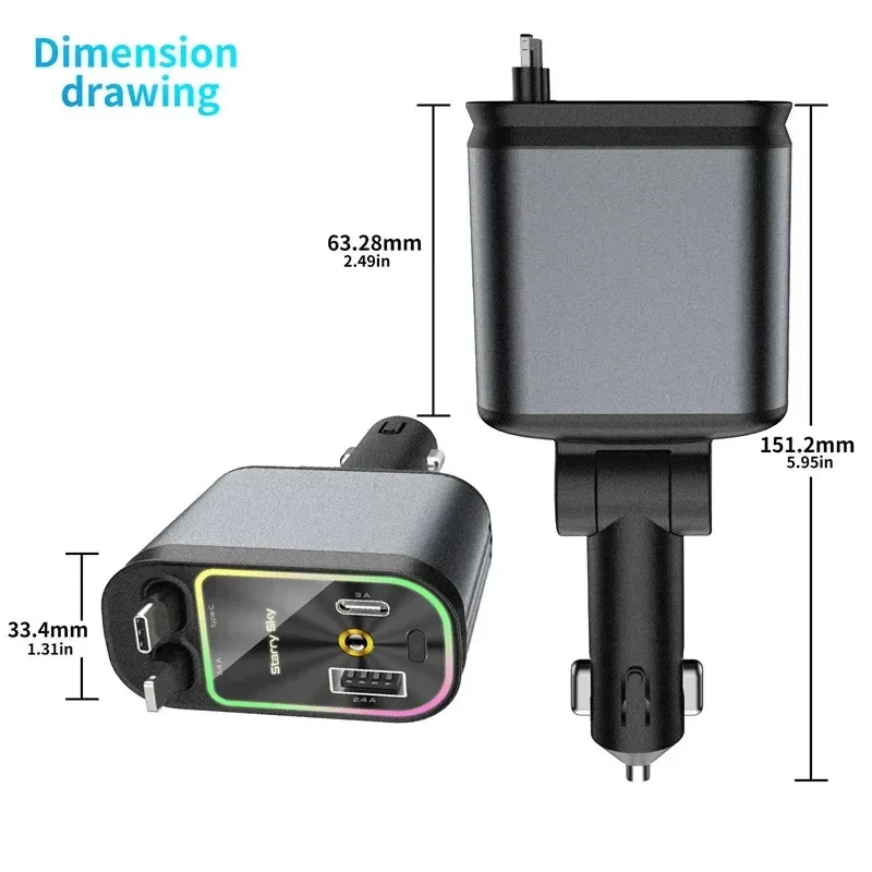 4 in 1 Car Charger with Starry Sky SpotlightRetractable Car Charger with Charging Cable & 2Charging Ports, Universal Car Charger