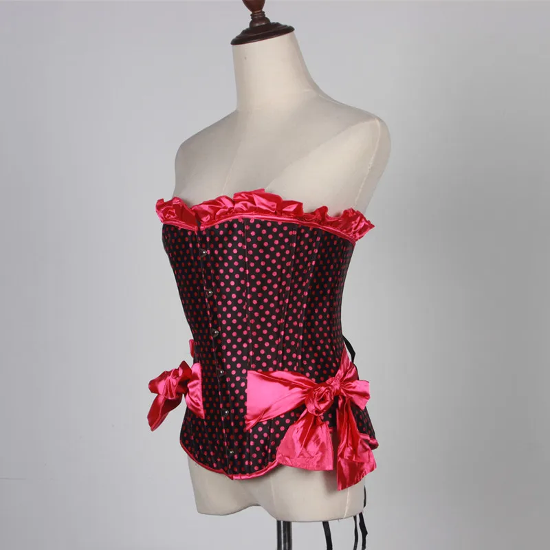 Women Pink Sexy Overbust Corset Vintage Style Corselet Girls Lacing Ruffle Bow Side Polka Dot Bustier Top Carnival Party Costume