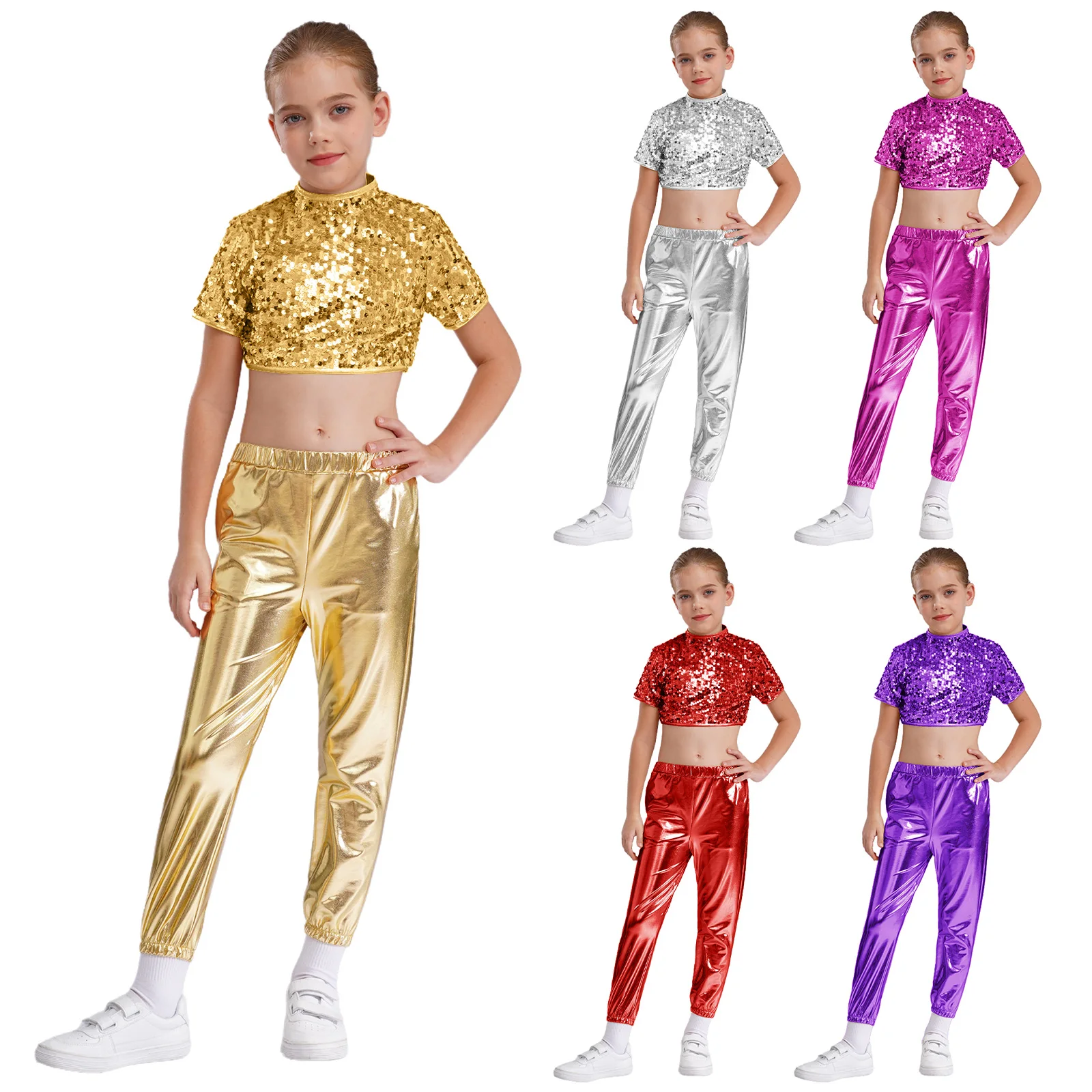 Kid Girl Cheerleading Jazz Dance Performance Costume Sequins Crop Top with Pants Outfits for Birthday Party Festival Performance